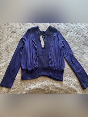 Willow Root Navy Smocked Long Sleeve Top with Tie Neck